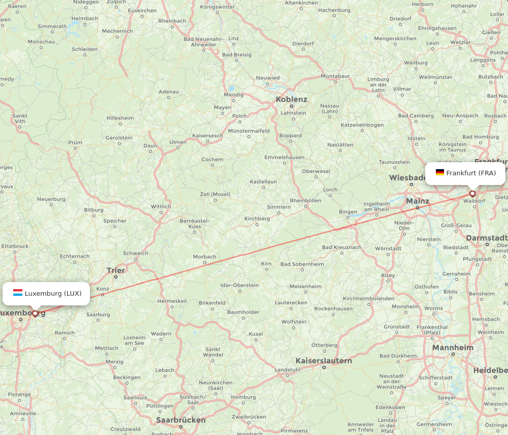 Frankfurt - Luxembourg route map and flight paths