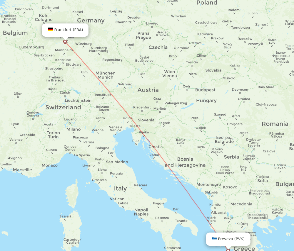 FRA to PVK flights and routes map