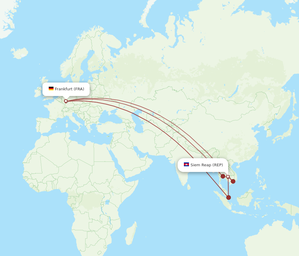 Frankfurt - Siem Reap route map and flight paths