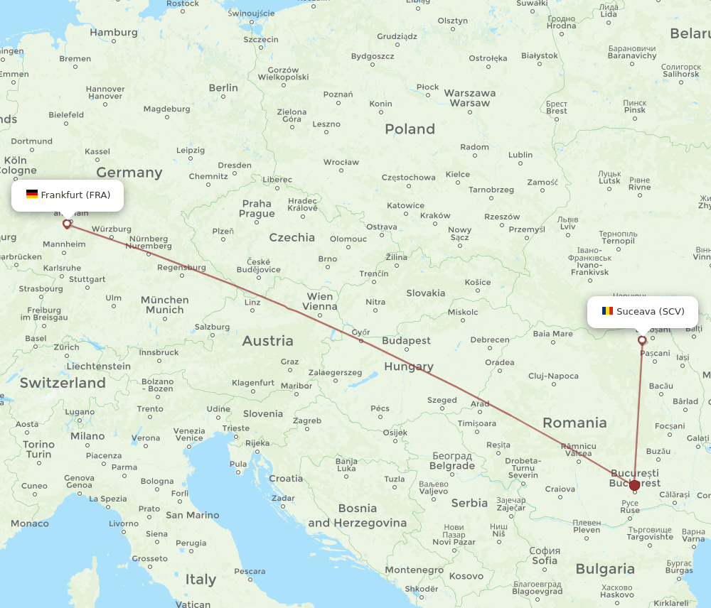 Frankfurt - Suceava route map and flight paths