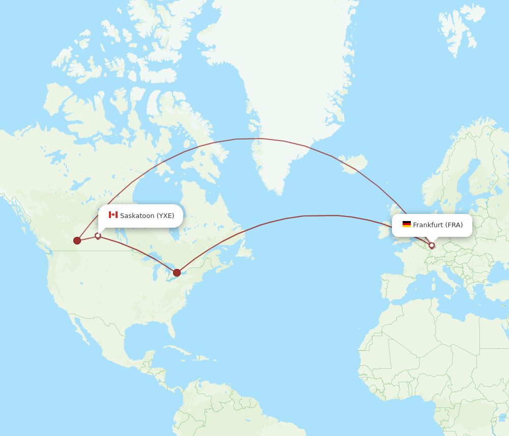 Saskatoon - Frankfurt route map and flight paths