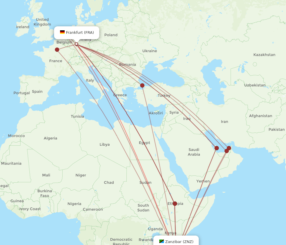 Zanzibar - Frankfurt route map and flight paths