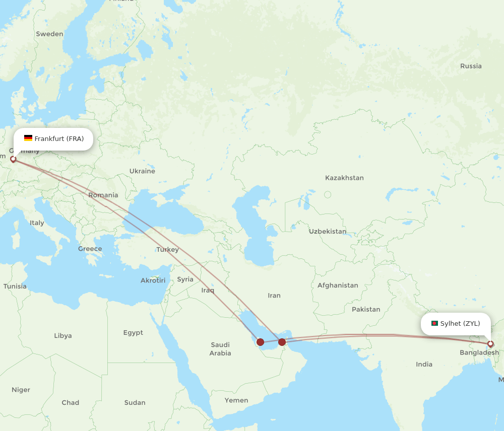 Sylhet - Frankfurt route map and flight paths