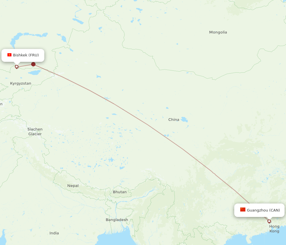 Guangzhou - Bishkek route map and flight paths