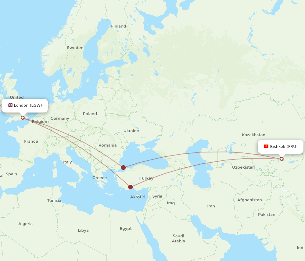 FRU to LGW flights and routes map