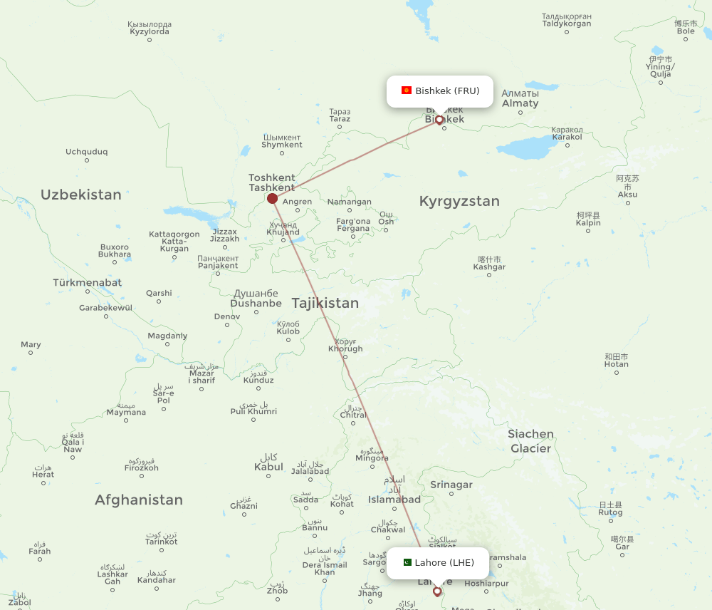 Bishkek - Lahore route map and flight paths