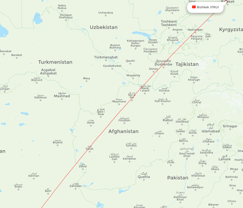 Bishkek - Sharjah route map and flight paths
