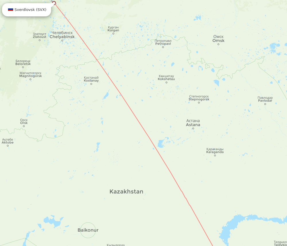 Bishkek - Yekaterinburg route map and flight paths