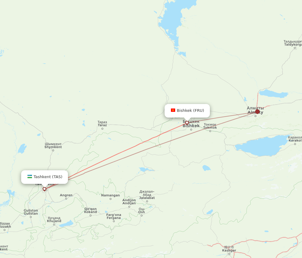 Bishkek - Tashkent route map and flight paths