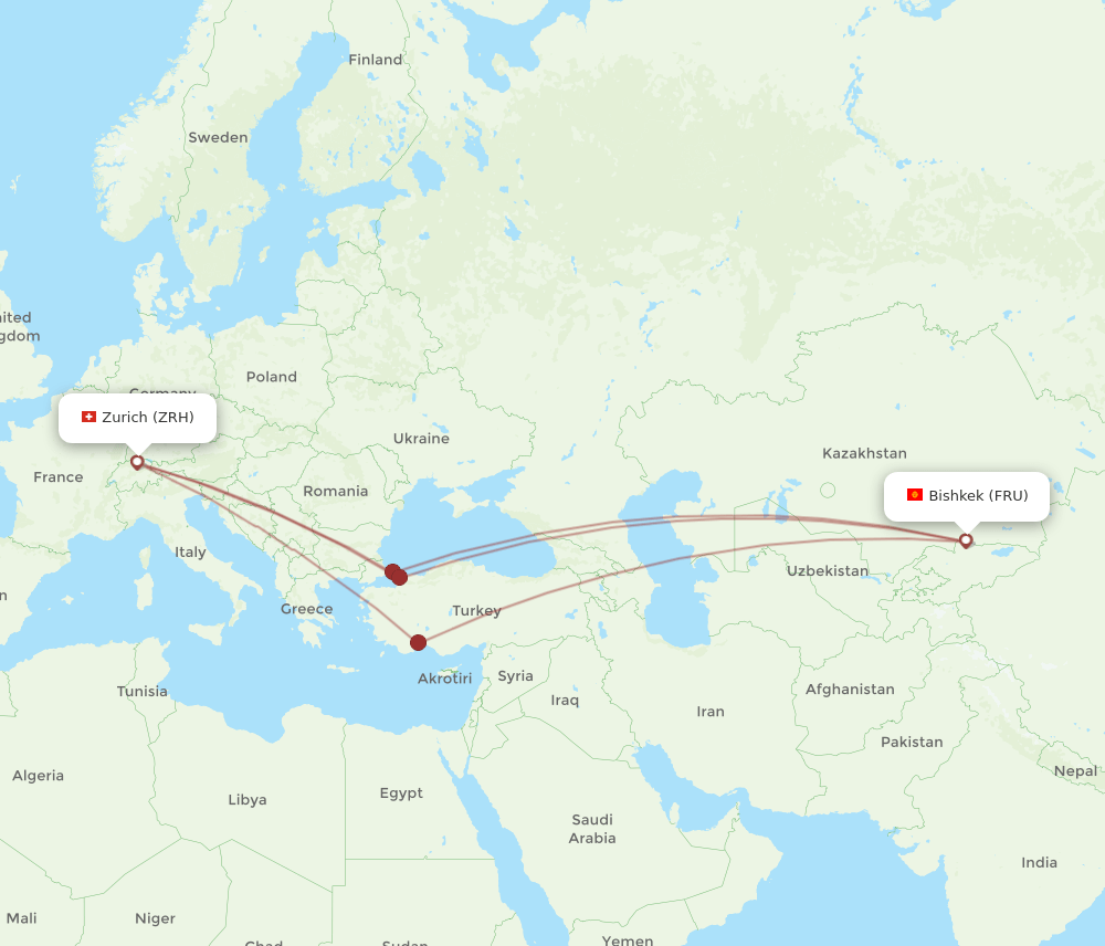 Zurich - Bishkek route map and flight paths
