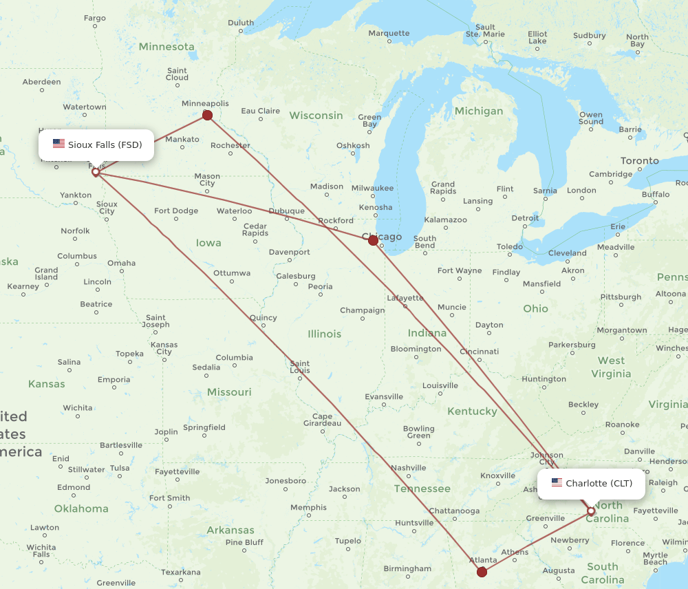 FSD-CLT flight routes