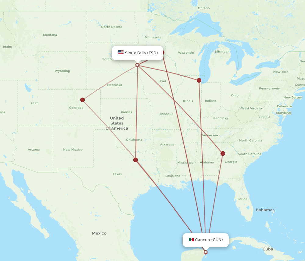 FSD-CUN flight routes