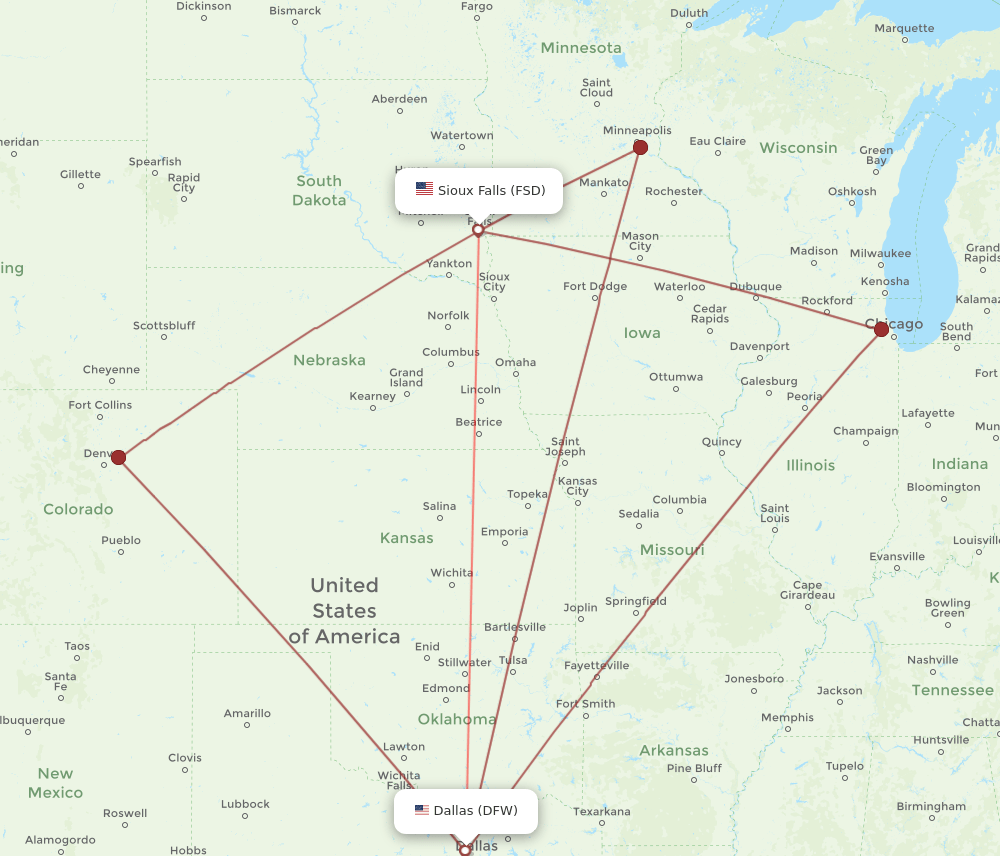 FSD to DFW flights and routes map