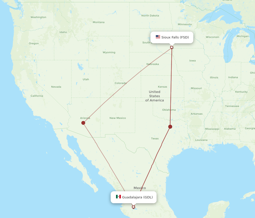 FSD to GDL flights and routes map