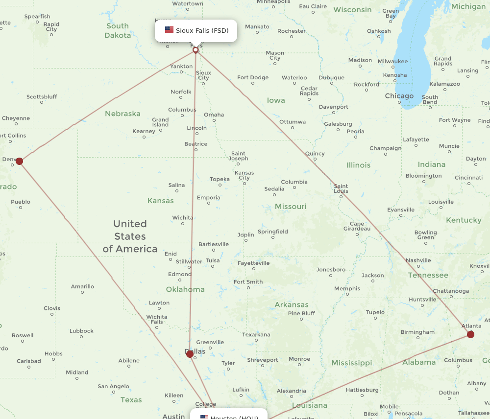 FSD to HOU flights and routes map
