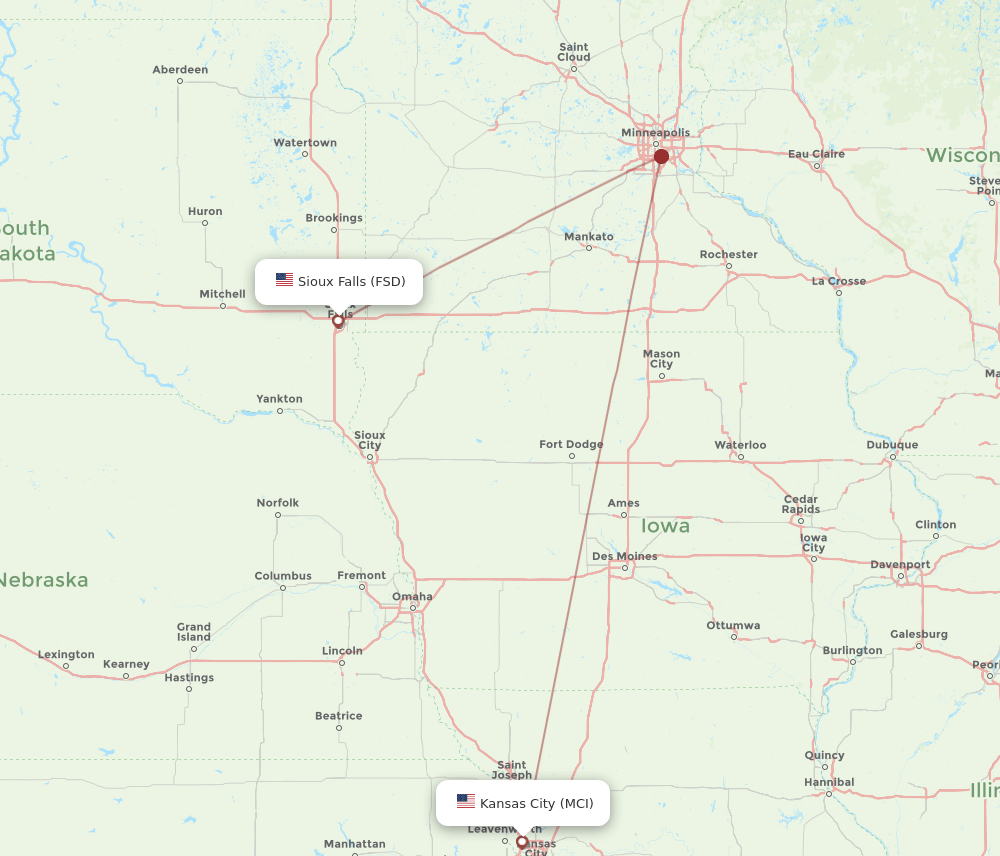 FSD to MCI flights and routes map