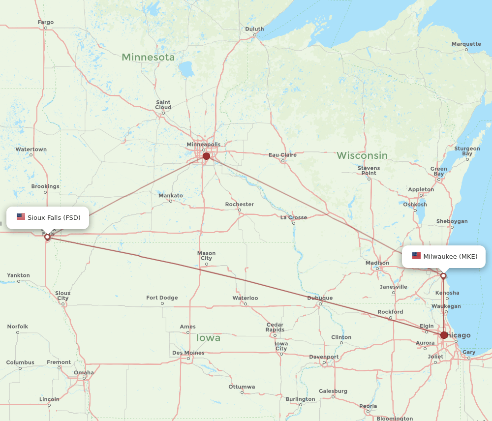 FSD to MKE flights and routes map