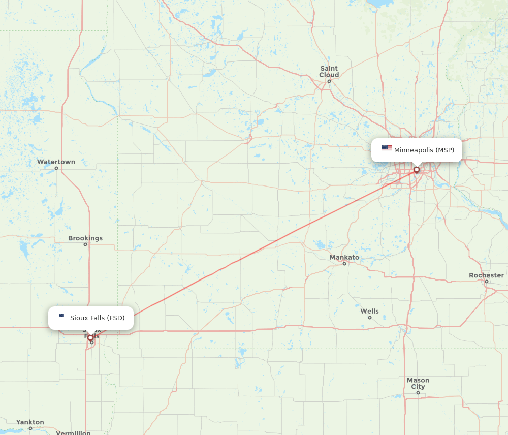 Sioux Falls - Minneapolis route map and flight paths