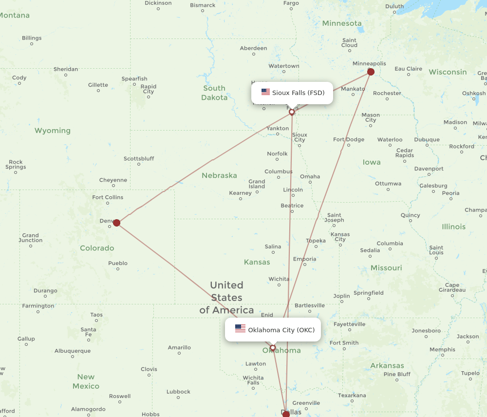 FSD-OKC flight routes