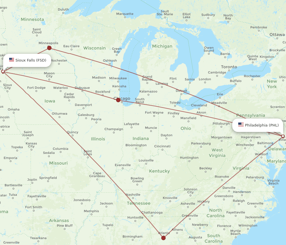 FSD-PHL flight routes
