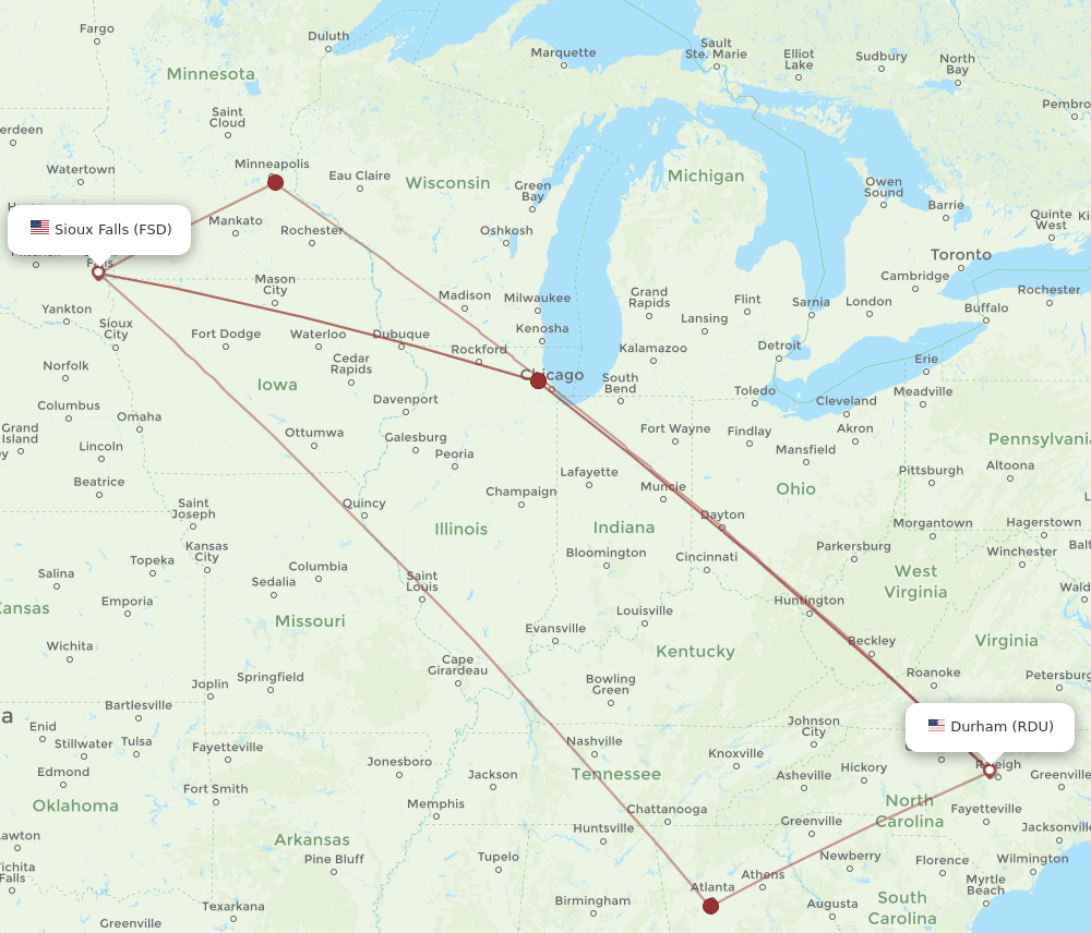 FSD-RDU flight routes