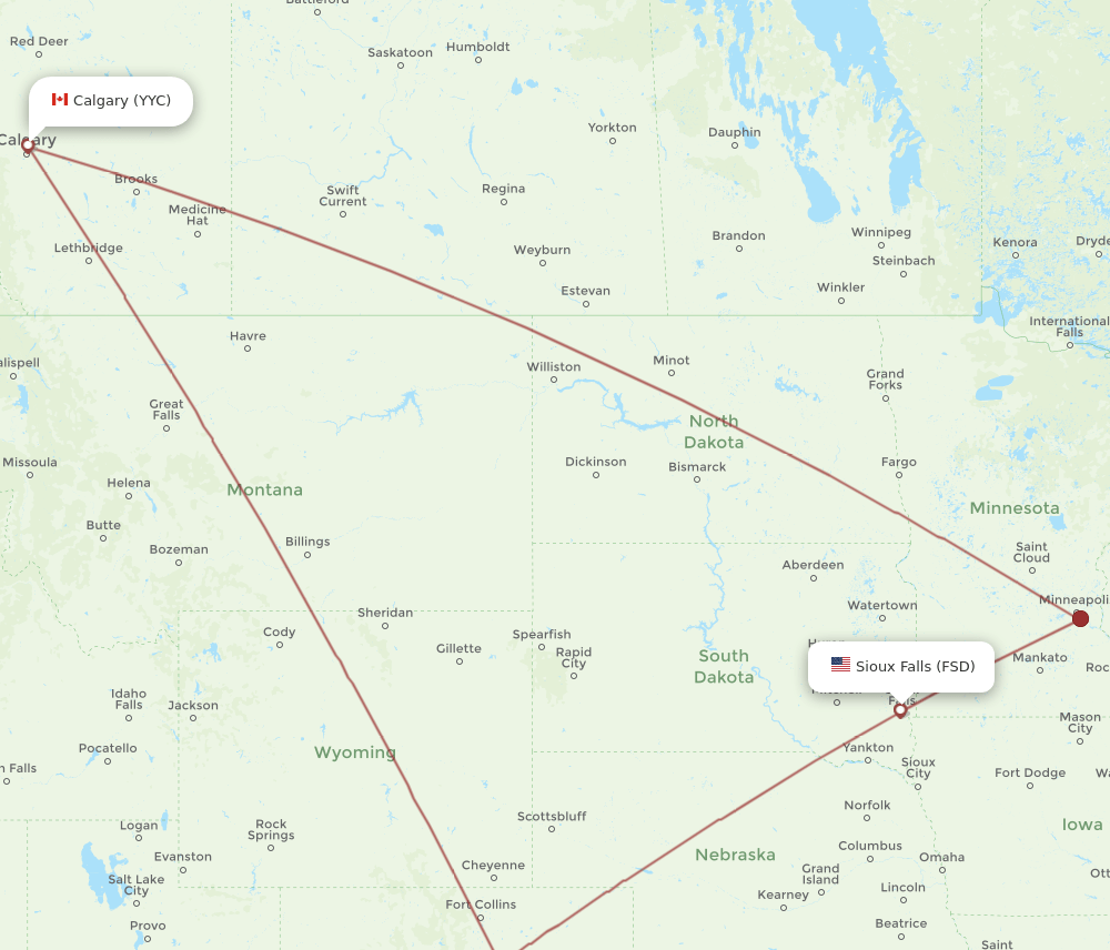 FSD to YYC flights and routes map