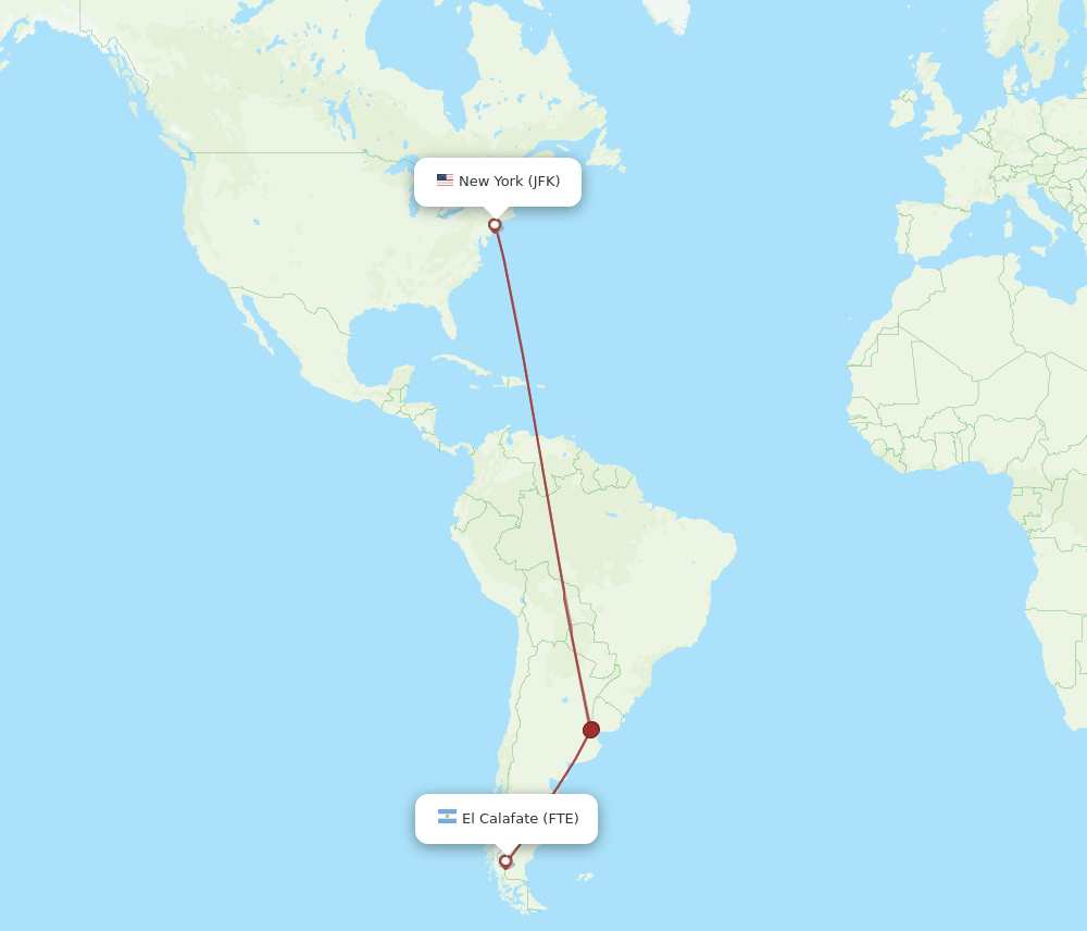 El Calafate - New York route map and flight paths