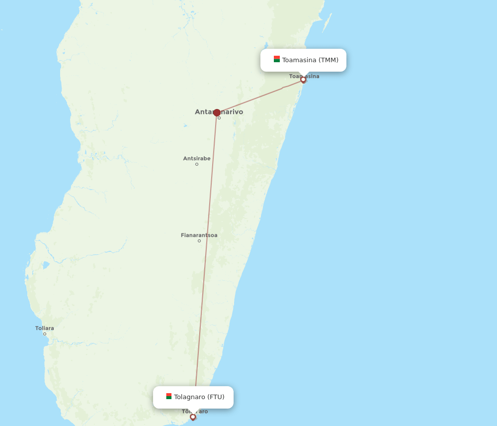 Tamatave - Fort Dauphin route map and flight paths