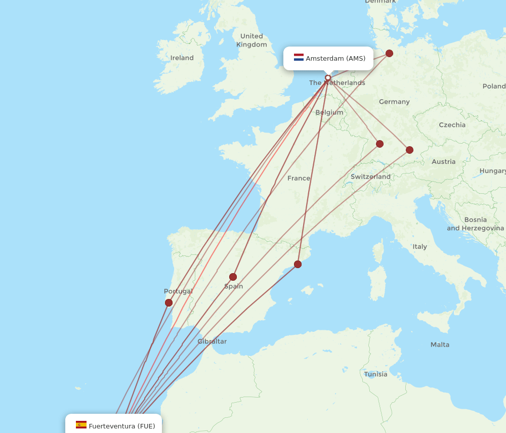 FUE to AMS flights and routes map