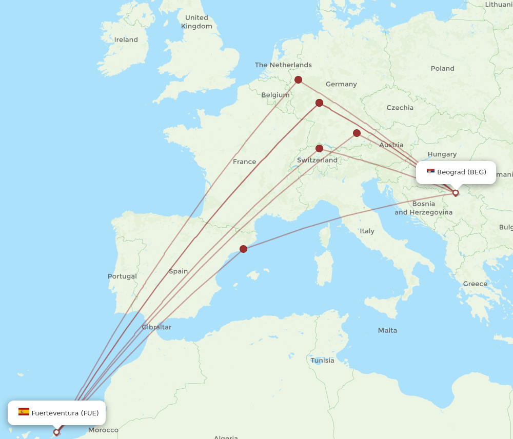 FUE-BEG flight routes