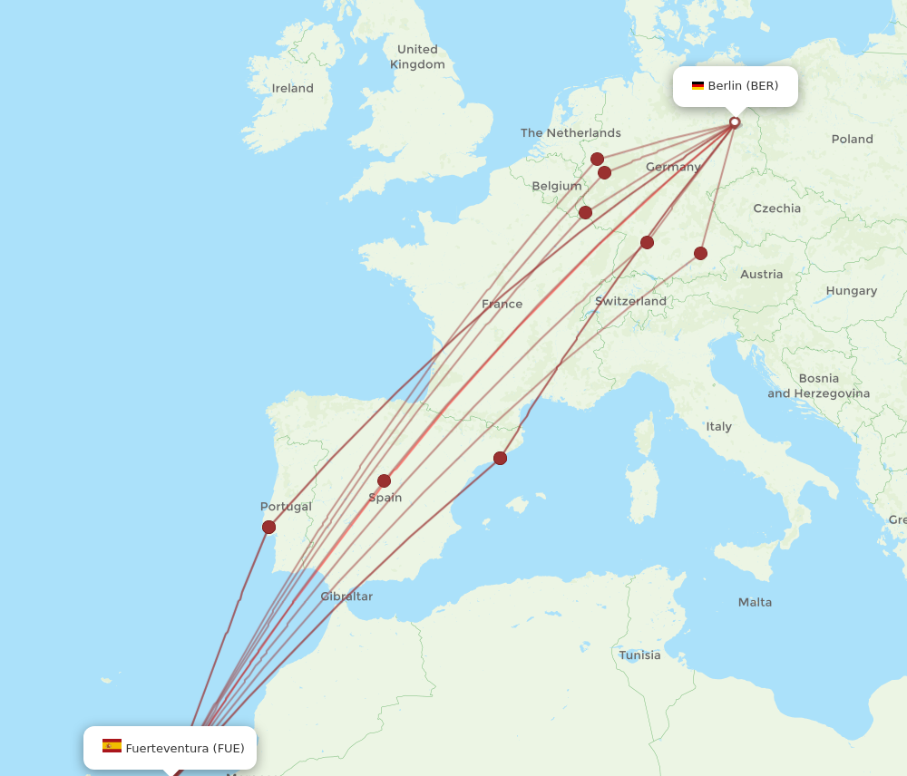 FUE to BER flights and routes map