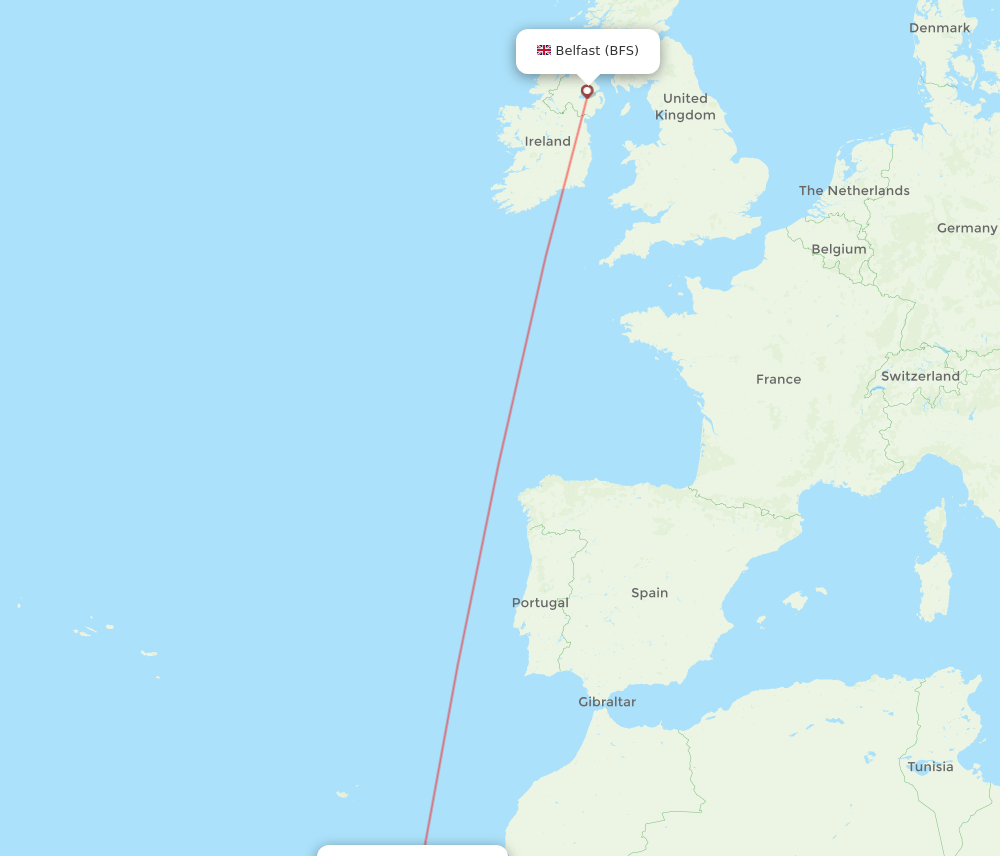 Puerto del Rosario - Belfast route map and flight paths