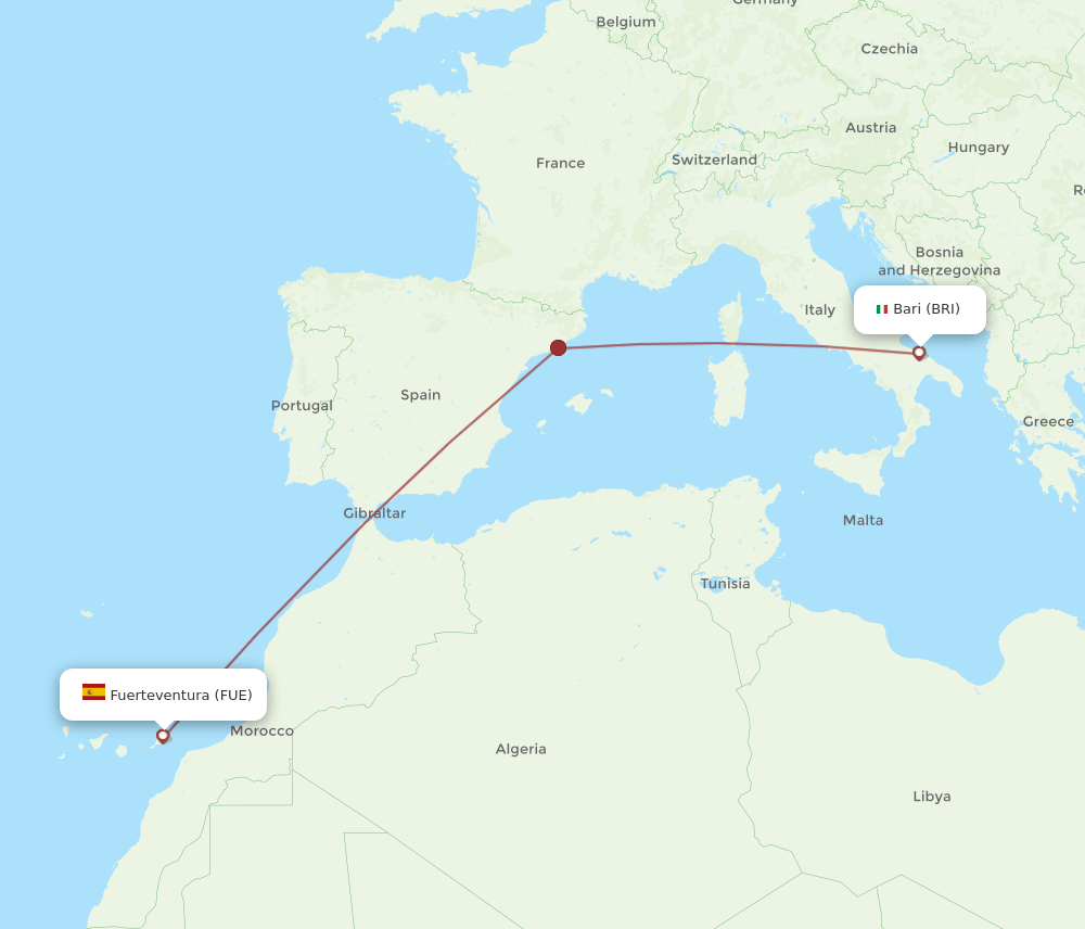 Bari - Puerto del Rosario route map and flight paths