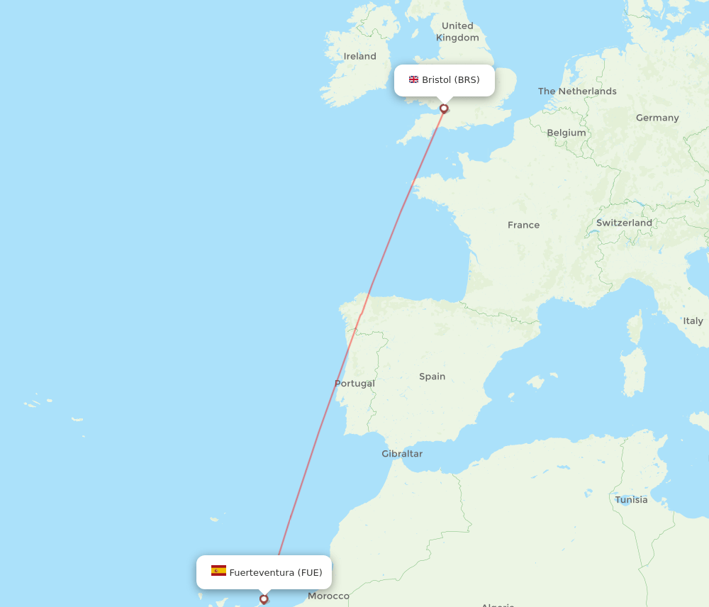 Puerto del Rosario - Bristol route map and flight paths