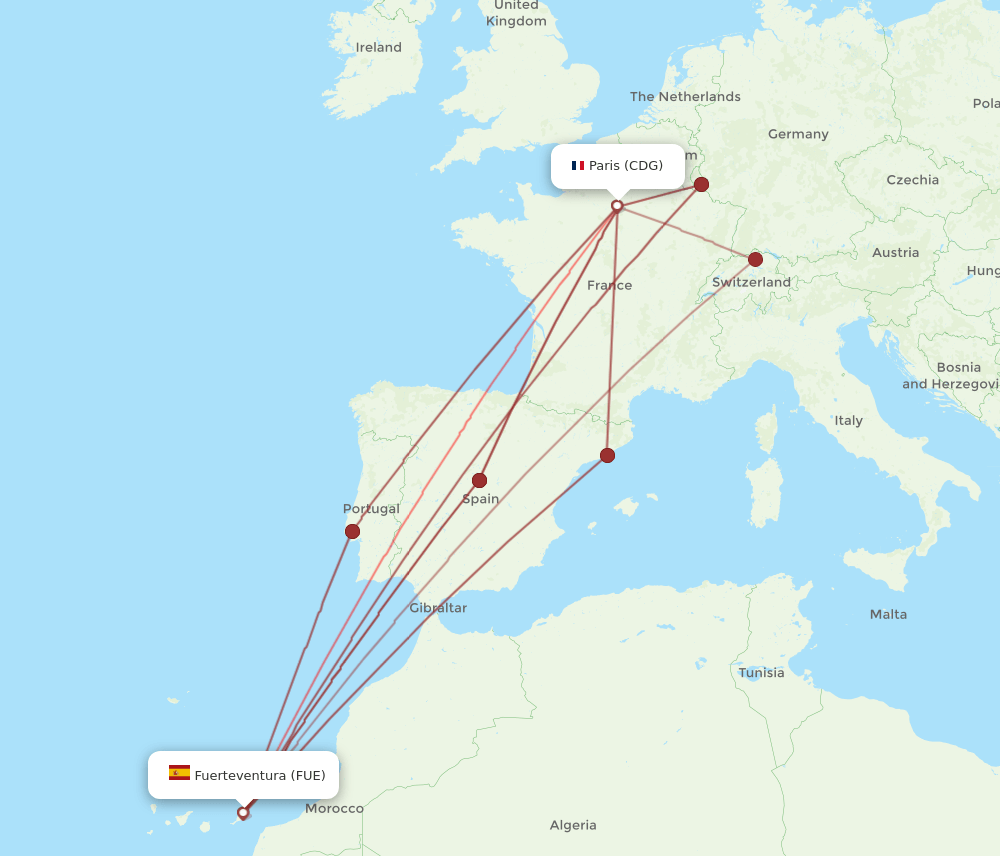 FUE-CDG flight routes