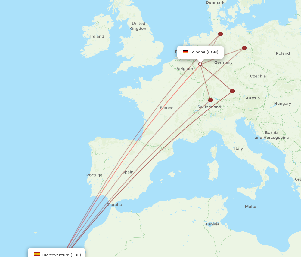 FUE to CGN flights and routes map
