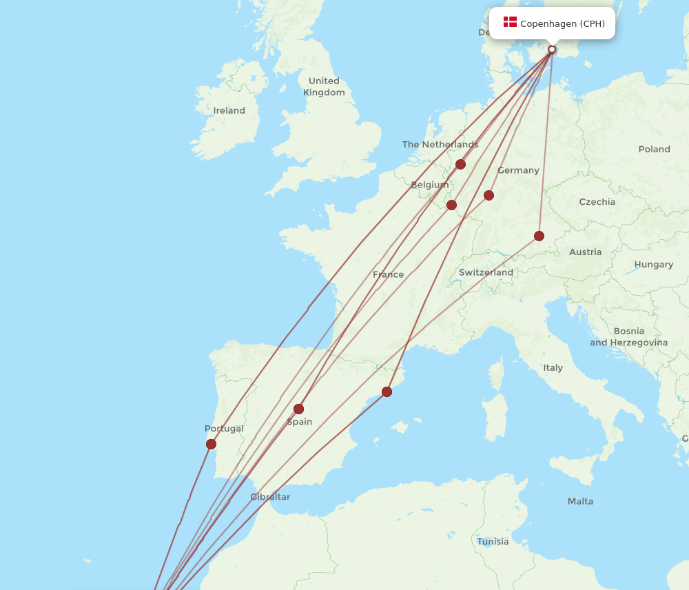 FUE-CPH flight routes