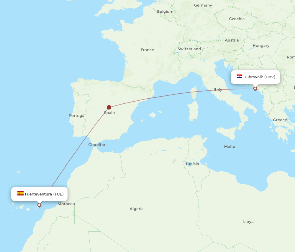 FUE to DBV flights and routes map