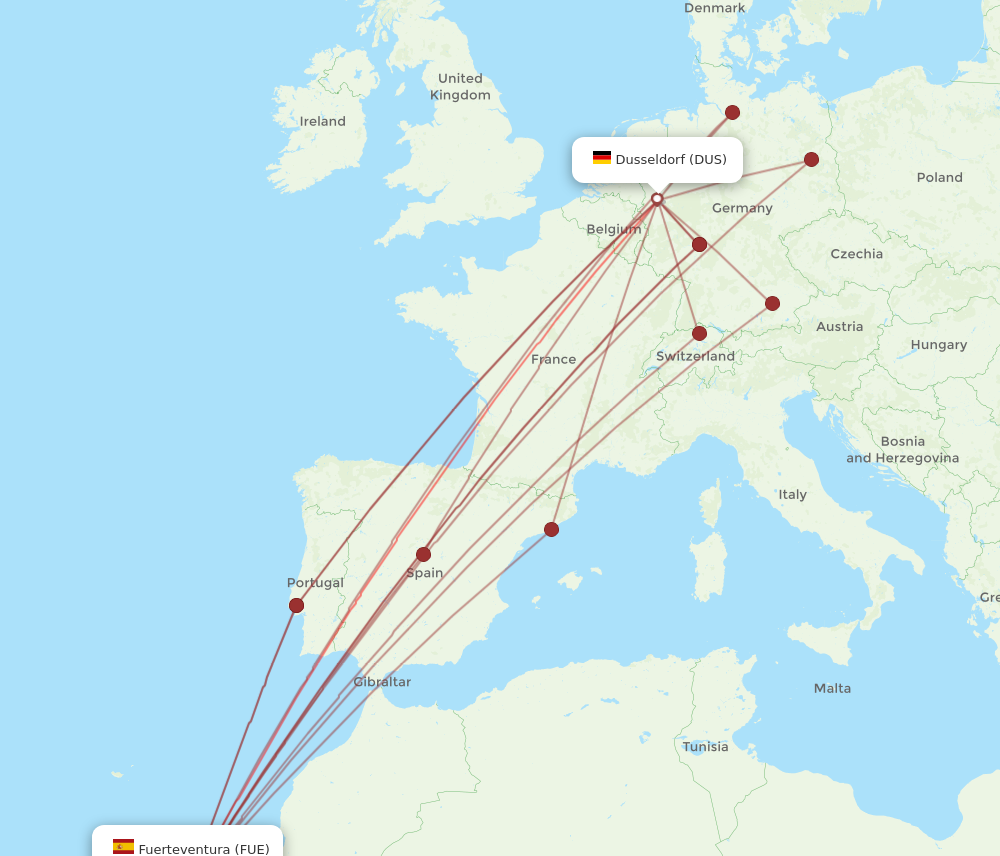 FUE to DUS flights and routes map
