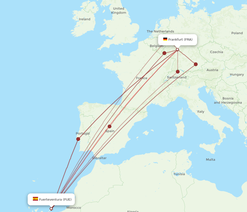FUE to FRA flights and routes map
