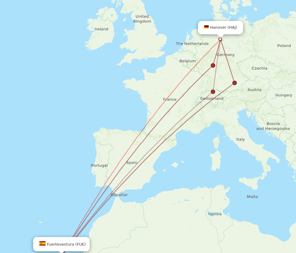 FUE to HAJ flights and routes map