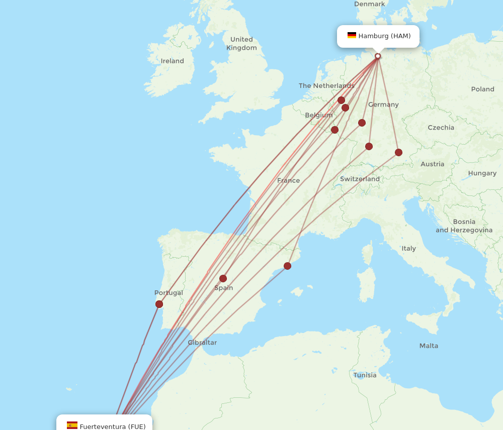 FUE to HAM flights and routes map