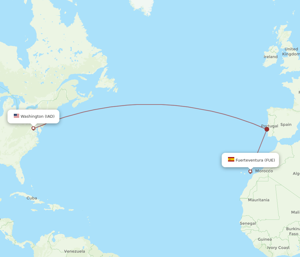 Puerto del Rosario - Dulles route map and flight paths