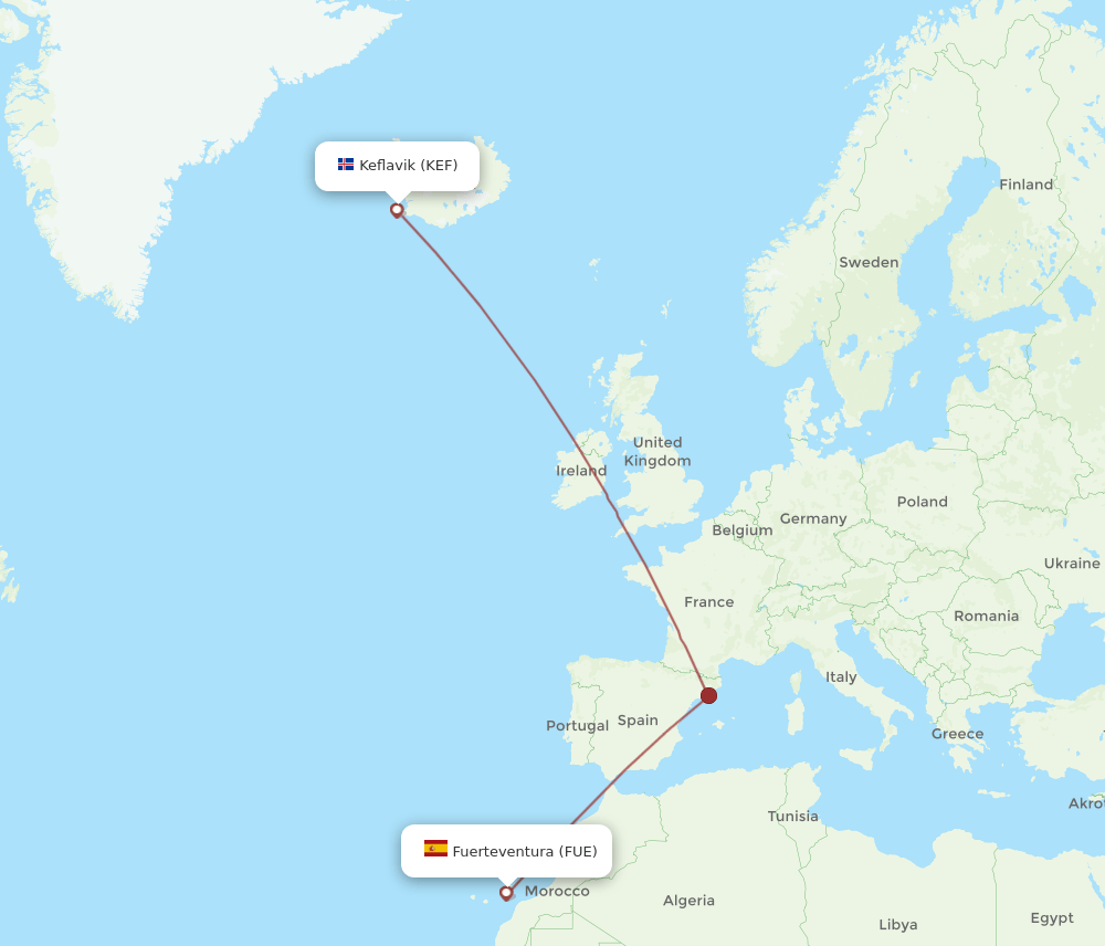 Reykjavik - Puerto del Rosario route map and flight paths