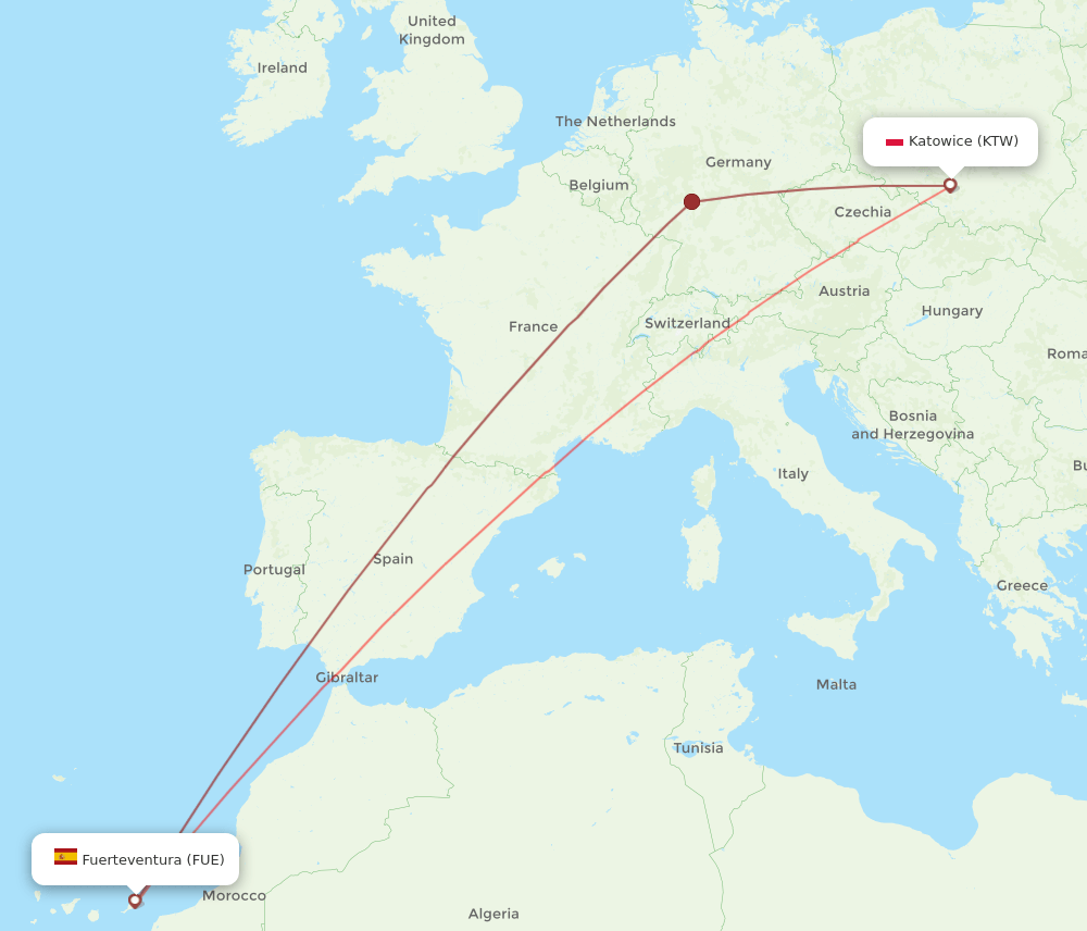 Puerto del Rosario - Katowice route map and flight paths