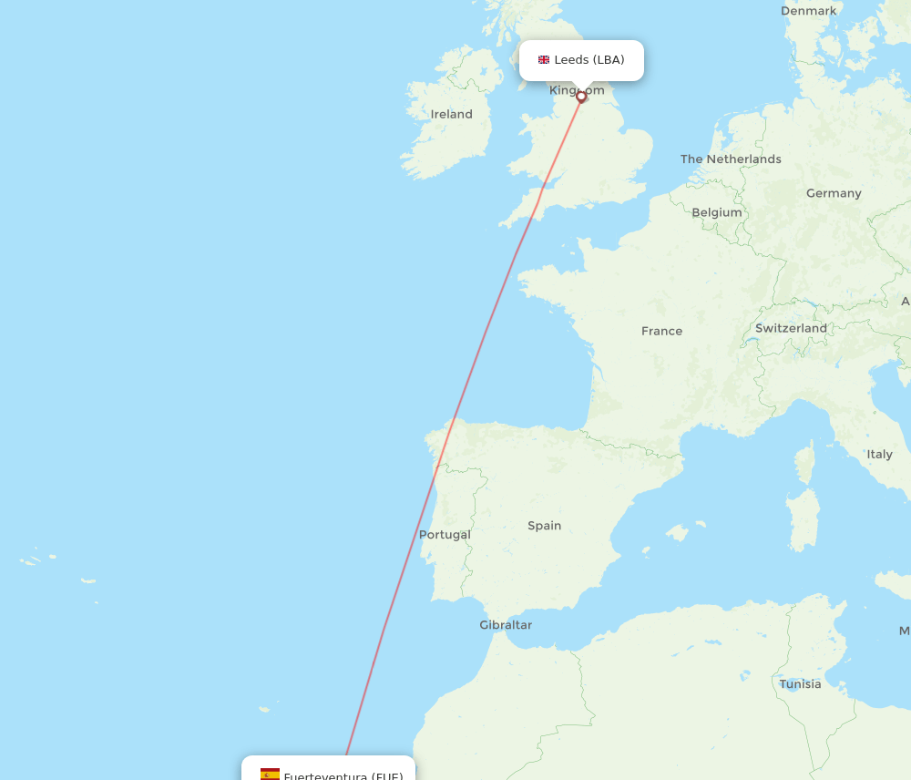 Puerto del Rosario - Leeds route map and flight paths