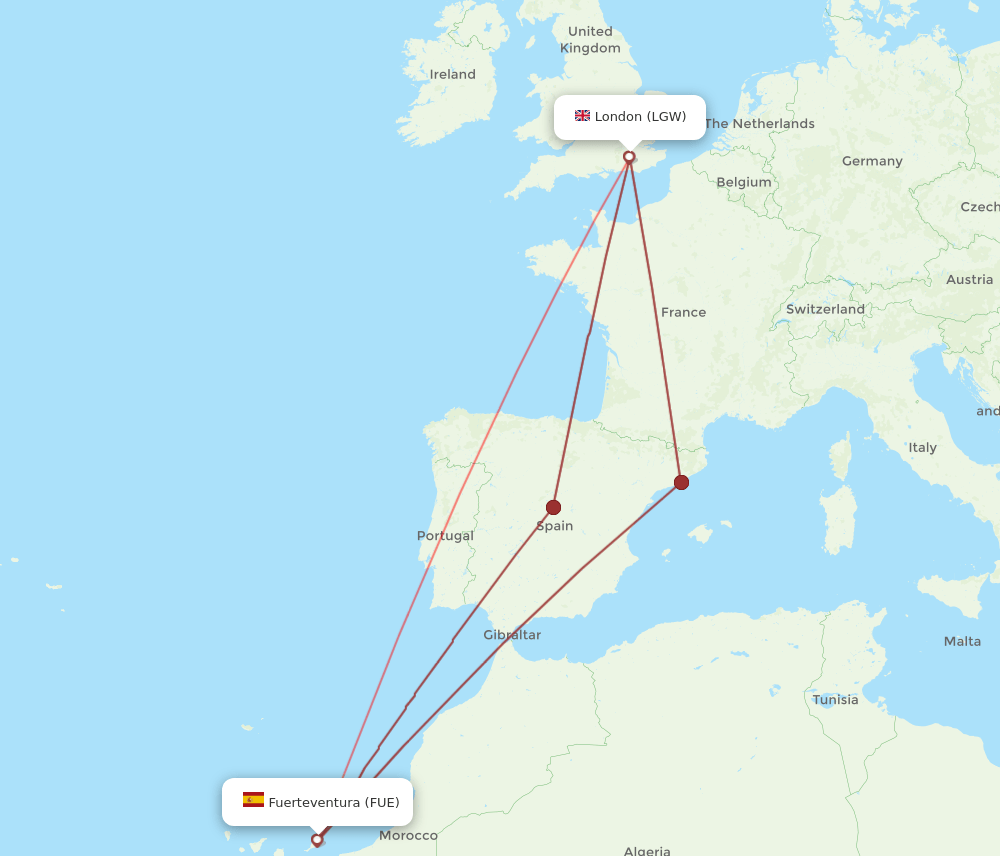 FUE to LGW flights and routes map