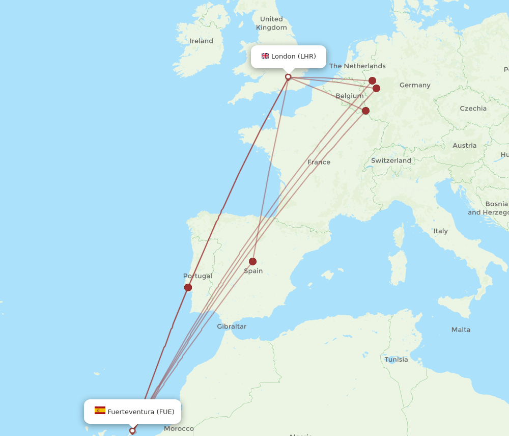 FUE-LHR flight routes