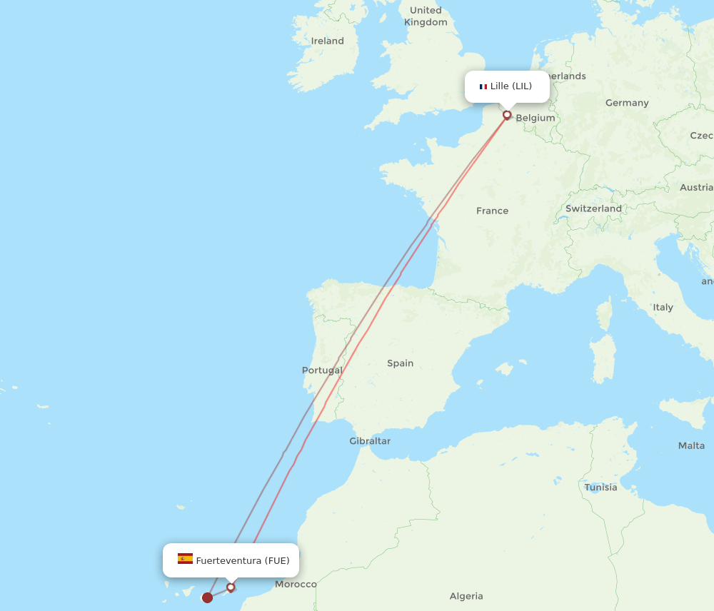Puerto del Rosario - Lille route map and flight paths