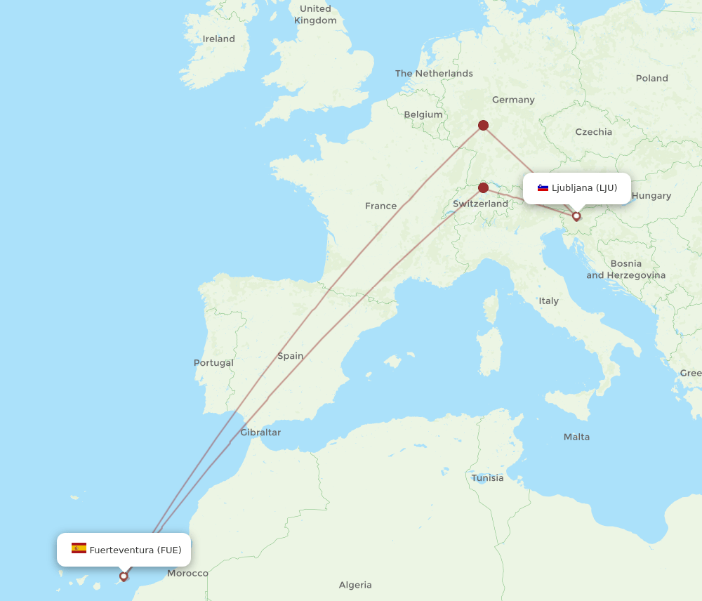 FUE to LJU flights and routes map